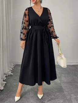 GIBSIE Plus Size Elegant V-Neck Mesh Sleeve Belted Dress Women 2025 Autumn High Waist Black A-line Evening Party Long Dresses