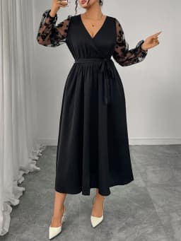 GIBSIE Plus Size Elegant V-Neck Mesh Sleeve Belted Dress Women 2025 Autumn High Waist Black A-line Evening Party Long Dresses