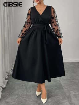 GIBSIE Plus Size Elegant V-Neck Mesh Sleeve Belted Dress Women 2025 Autumn High Waist Black A-line Evening Party Long Dresses
