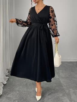 GIBSIE Plus Size Elegant V-Neck Mesh Sleeve Belted Dress Women 2025 Autumn High Waist Black A-line Evening Party Long Dresses
