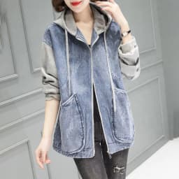 New Women's Hooded Denim Jacket Spring Autumn Patchwork, Loose Large-sized Basic Jacket, Zipper Fashion Female Motorcycle Jacket