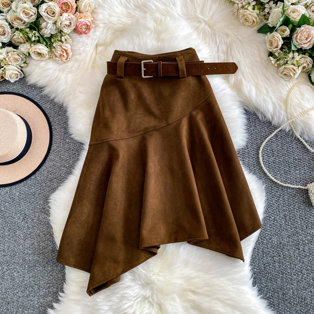 Women Chic asymmetrical ruffle Sexy Skirt Elastic High Waist Korean Fashion A-line autumn Skirt Clothing