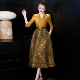 Seifrmann 2026 Spring Women's clothing New Fashionable V-neck Seven Sleeve Jacquard Waistband cinching Dress