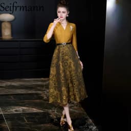 Seifrmann 2026 Spring Women's clothing New Fashionable V-neck Seven Sleeve Jacquard Waistband cinching Dress