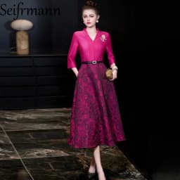 Seifrmann 2026 Spring Women's clothing New Fashionable V-neck Seven Sleeve Jacquard Waistband cinching Dress