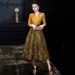 Seifrmann 2026 Spring Women's clothing New Fashionable V-neck Seven Sleeve Jacquard Waistband cinching Dress