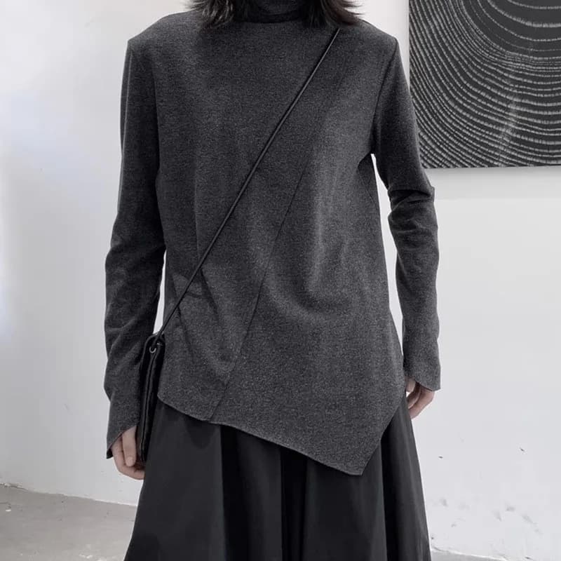 Johnature Solid Color Irregular Long Sleeve Base Shirt With Turtleneck New Casual Simple Top For Autumn Winter