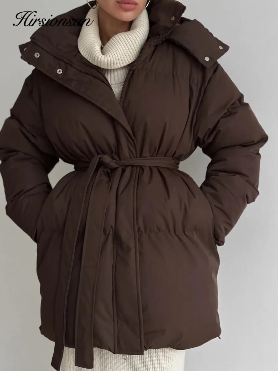 Hirsionsan 2025 Casual Waist Slimming Hooded Mid To Long Length Bread Cotton Jacket Women's Thick Cotton Jacket Brown