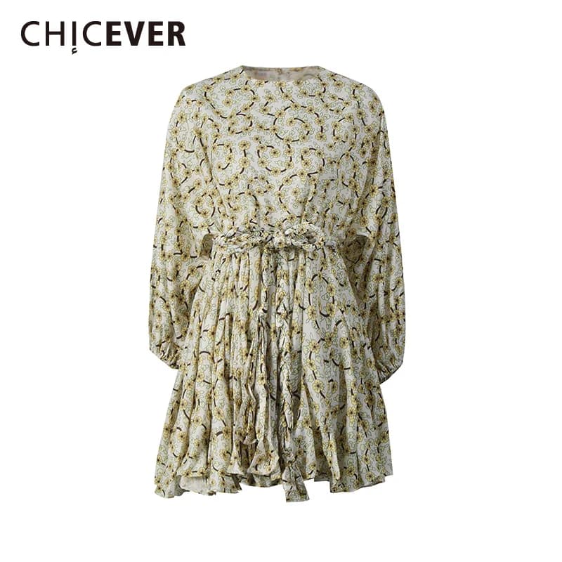 CHICEVER Yellow Spliced Printing Dress Female O Neck Long Sleeve Loose Vacation Casual Women's Dresses Summer Fashion New Style