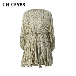 CHICEVER Yellow Spliced Printing Dress Female O Neck Long Sleeve Loose Vacation Casual Women's Dresses Summer Fashion New Style