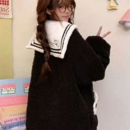 Japanese Cute Thicked Lamb Fleece Coat Women Sweet Sailor Collar Cat Embroidery Plush Jackets 2025 Ropa Mujer Warm Loose Outwear