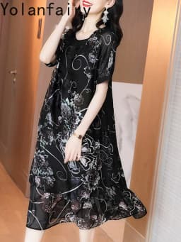 YOLANFAIRY 65% Mulberry Silk Dresses Woman Summer Loose Vintage Jacquard Dress Elegant Women's Dresses Korean Fashion Vestidos