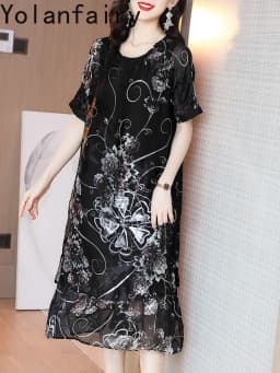 YOLANFAIRY 65% Mulberry Silk Dresses Woman Summer Loose Vintage Jacquard Dress Elegant Women's Dresses Korean Fashion Vestidos