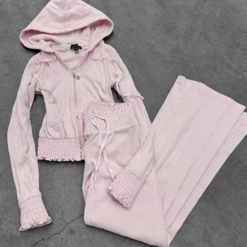 Vintage Sweatshirt 2-Piece Set Y2k Goth Harajuku Korea Coat+Pants Slim High Street Winter Basics Fashion Pink Sportswear Set