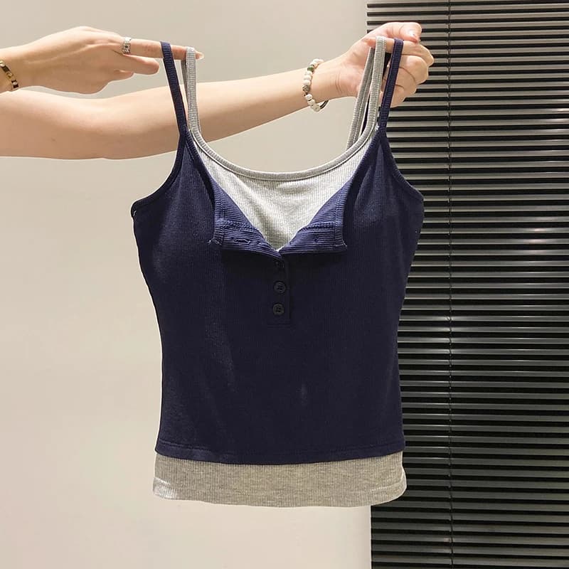 Fashion Fake Two Piece Camisole for Woman Spring Autumn Short Slim Fit Chest Pad Tank Women Korean Street Spicy Girl Clothes