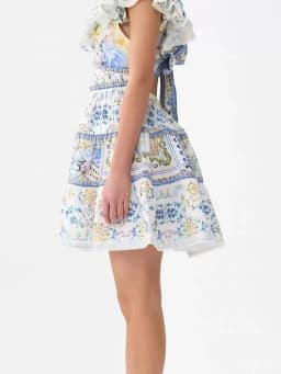 Retro high-end V-neck ruffled flying sleeve skirt summer women's new waist slim strap backless printed holiday style dress