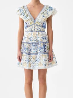 Retro high-end V-neck ruffled flying sleeve skirt summer women's new waist slim strap backless printed holiday style dress