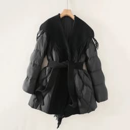 Fashion Woolen Patchwork Down Cotton Coat Winter Jacket Korean Version Lapel Waist Cinched Mid Length Elegant Cotton Overcoat