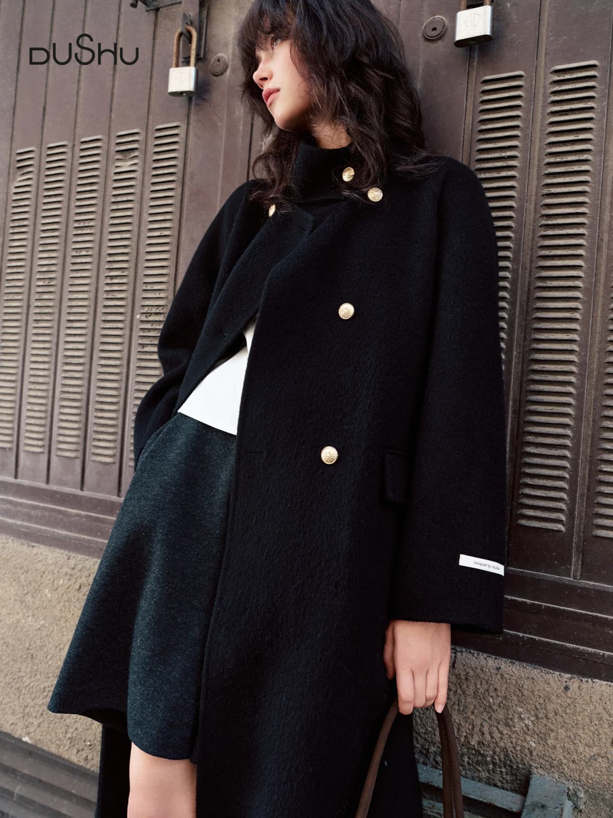 DUSHU Classic Stand Collar Double-Breasted Wool Blend Overcoat - Timeless Women Trench Coat for Autumn and Winter Elegant Style