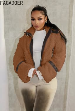 FAGADOER Winter New Casual Leather Fur Patchwork Coat Women Solid Color Long Sleeve Zipper Jacket Female Streetwear Clothing