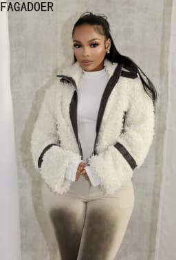 FAGADOER Winter New Casual Leather Fur Patchwork Coat Women Solid Color Long Sleeve Zipper Jacket Female Streetwear Clothing