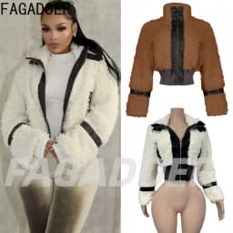 FAGADOER Winter New Casual Leather Fur Patchwork Coat Women Solid Color Long Sleeve Zipper Jacket Female Streetwear Clothing