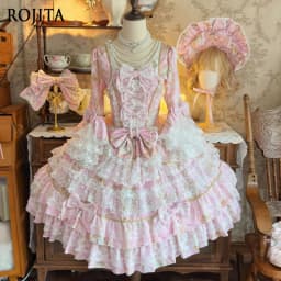 Women Dress Pink Long Sleeve OP Dress for Women Autumn New Original Design Lolita Sweet Lace Bell Sleeve Tiered Dress