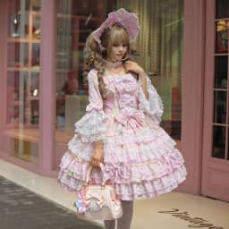 Women Dress Pink Long Sleeve OP Dress for Women Autumn New Original Design Lolita Sweet Lace Bell Sleeve Tiered Dress