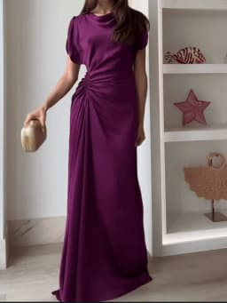 New elegant banquet dress purple waist cinched pleated skirt with temperament solid color floor length skirt