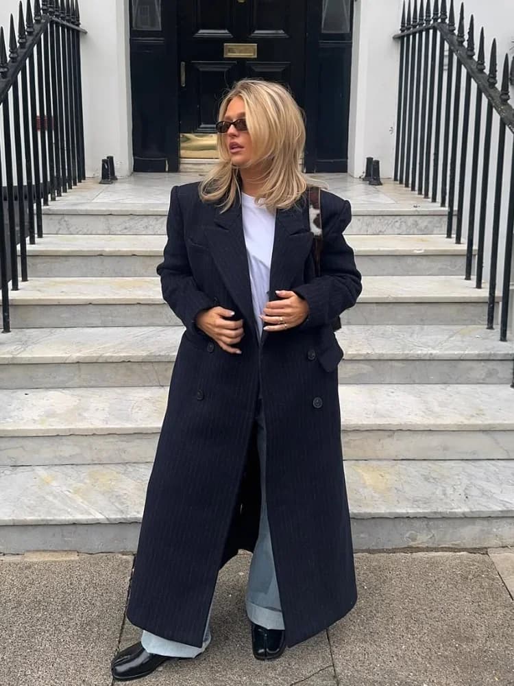 Vintage Striped Lapel Long Blazer Jackets Women Chic Shoulder Pad Button Pocket Loose Overcoat Autumn Commuting Street Wear 2025