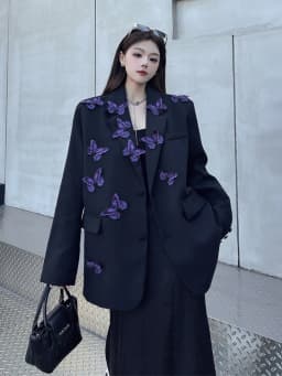 High street butterfly embroidery blazer for women Spring autumn Black Purple Loose Single breasted jacket 2026 New INKEO 5O113