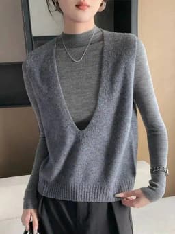 100% Wool Seamless Sweater Vest,Women Autumn Winter V-Neck Loose Sleeveless Knitted Tops