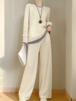 Women 100% Merino Wool Two Piece Sets Fake Two piece Sweater+Wide Leg Pant Casual Set Autumn Winter Color Blocked Loose Clothing
