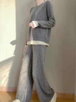 Women 100% Merino Wool Two Piece Sets Fake Two piece Sweater+Wide Leg Pant Casual Set Autumn Winter Color Blocked Loose Clothing