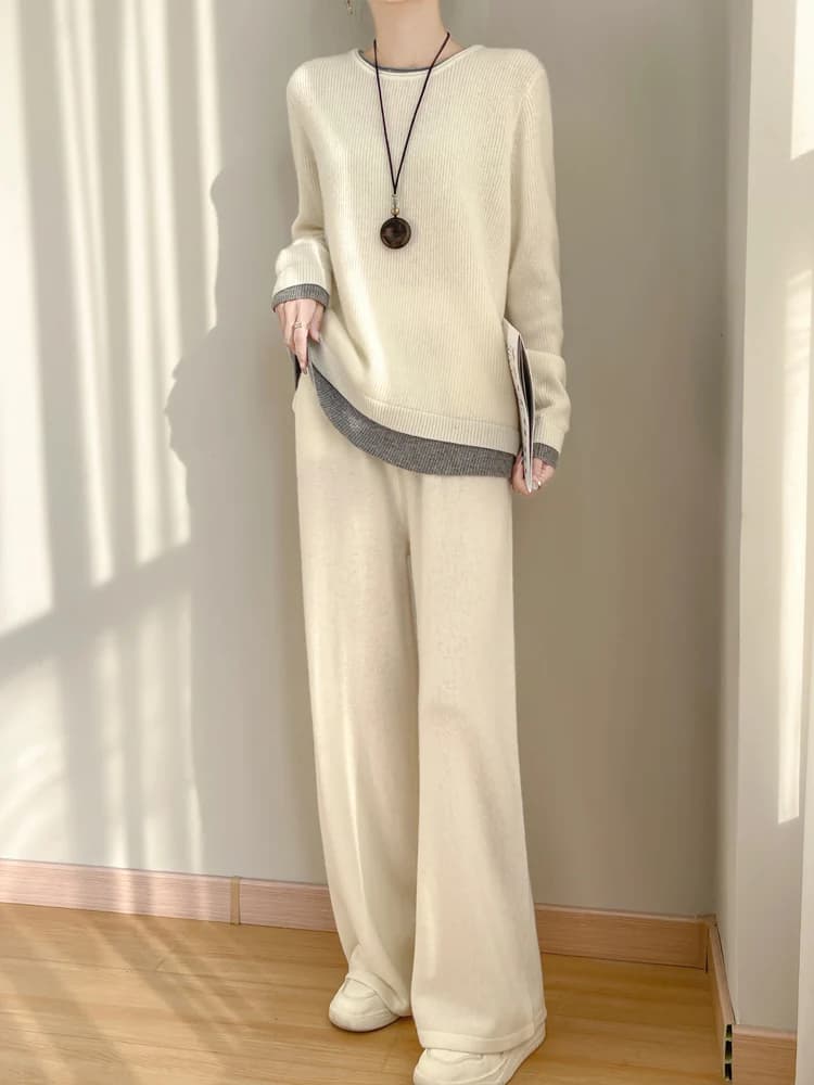 Women 100% Merino Wool Two Piece Sets Fake Two piece Sweater+Wide Leg Pant Casual Set Autumn Winter Color Blocked Loose Clothing
