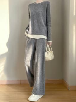 Women 100% Merino Wool Two Piece Sets Fake Two piece Sweater+Wide Leg Pant Casual Set Autumn Winter Color Blocked Loose Clothing