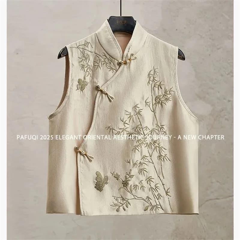 New Fashion Loose Cardigan Embroidery Inclined Placket Stand Collar Vest top Light National Style Women's Spring and Summer