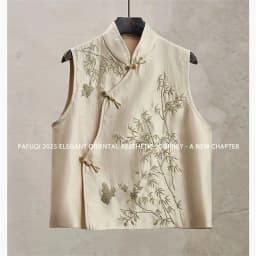 New Fashion Loose Cardigan Embroidery Inclined Placket Stand Collar Vest top Light National Style Women's Spring and Summer
