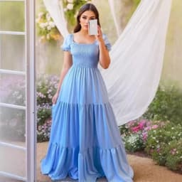A Line Pleated Blue Princess Long Dresses Women Puff Sleeve High Waist Square Neck Maxi Dress Summer Solid Ruffles Party Dresses
