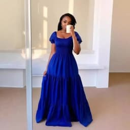 A Line Pleated Blue Princess Long Dresses Women Puff Sleeve High Waist Square Neck Maxi Dress Summer Solid Ruffles Party Dresses