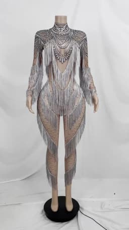 Classic Spandex Tassel Jumpsuit for Women Nightclub Party Sexy Elastic Jumpsuit Event Showgirl Stage Performance Costume Huichen