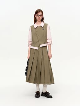 DUSHU Women's College Notes Style Asymmetrical Collar Top and Matching Pleated Skirt Set 2026 Spring New Arrinal Break Outfit
