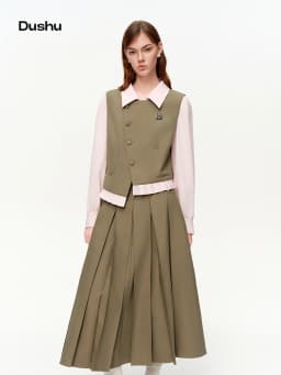 DUSHU Women's College Notes Style Asymmetrical Collar Top and Matching Pleated Skirt Set 2026 Spring New Arrinal Break Outfit