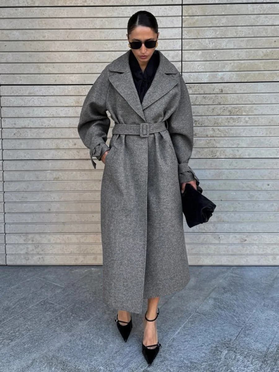 Bornladies Women's Fashion New Autumn Winter Extra Long Belted Loose Wool Coat Elegant Woolen Outerwear Jackets