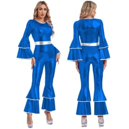 Women Metallic Shiny 70s 80s Hippie Costume Jazz Disco Dance Jumpsuit Sequin Tassels One Shoulder Bell Bottom Bodysuit Rompers