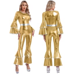 Women Metallic Shiny 70s 80s Hippie Costume Jazz Disco Dance Jumpsuit Sequin Tassels One Shoulder Bell Bottom Bodysuit Rompers