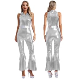 Women Metallic Shiny 70s 80s Hippie Costume Jazz Disco Dance Jumpsuit Sequin Tassels One Shoulder Bell Bottom Bodysuit Rompers