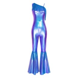 Women Metallic Shiny 70s 80s Hippie Costume Jazz Disco Dance Jumpsuit Sequin Tassels One Shoulder Bell Bottom Bodysuit Rompers