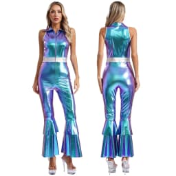 Women Metallic Shiny 70s 80s Hippie Costume Jazz Disco Dance Jumpsuit Sequin Tassels One Shoulder Bell Bottom Bodysuit Rompers
