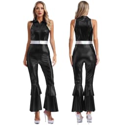Women Metallic Shiny 70s 80s Hippie Costume Jazz Disco Dance Jumpsuit Sequin Tassels One Shoulder Bell Bottom Bodysuit Rompers